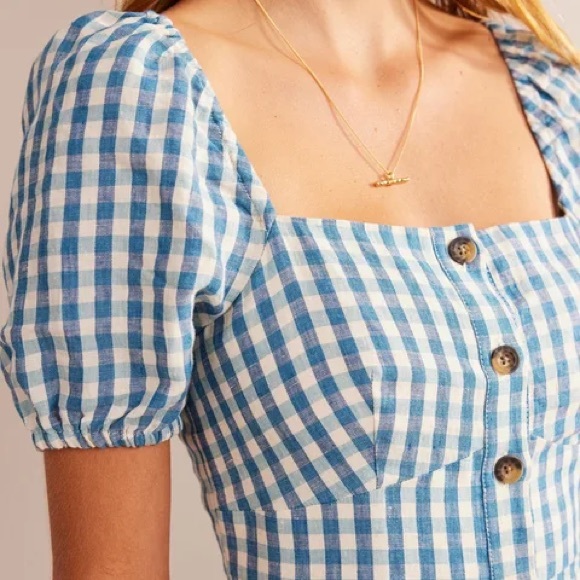 Boden Square Neck Linen Midi Dress in Delphinium Blue Gingham Size 10 NWT - Picture 6 of 7